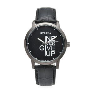 NIB Never Give Up Dial Watch with Black Faux Leather Strap 7.5-9.0 In